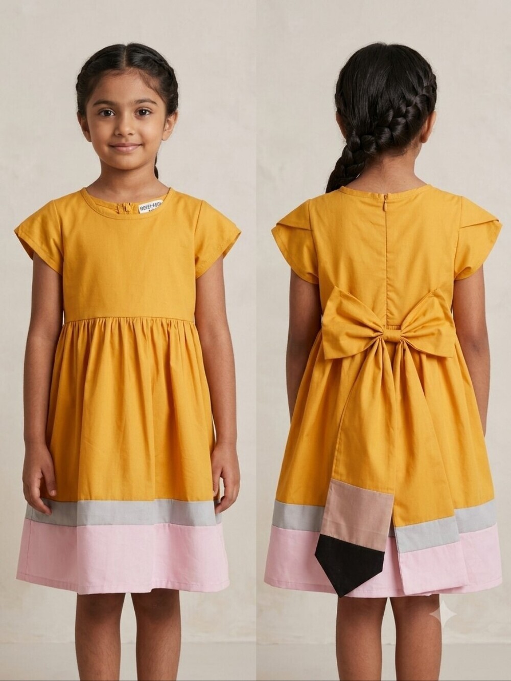 Mustard Colorblock Dress w/Pink Hem w/Back RemoveablePencil Bow,Various Szes,NWT